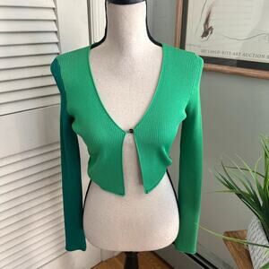 Hot & Delicious Sweater Womens Medium Green Color Block Cropped Ribbed Coquette